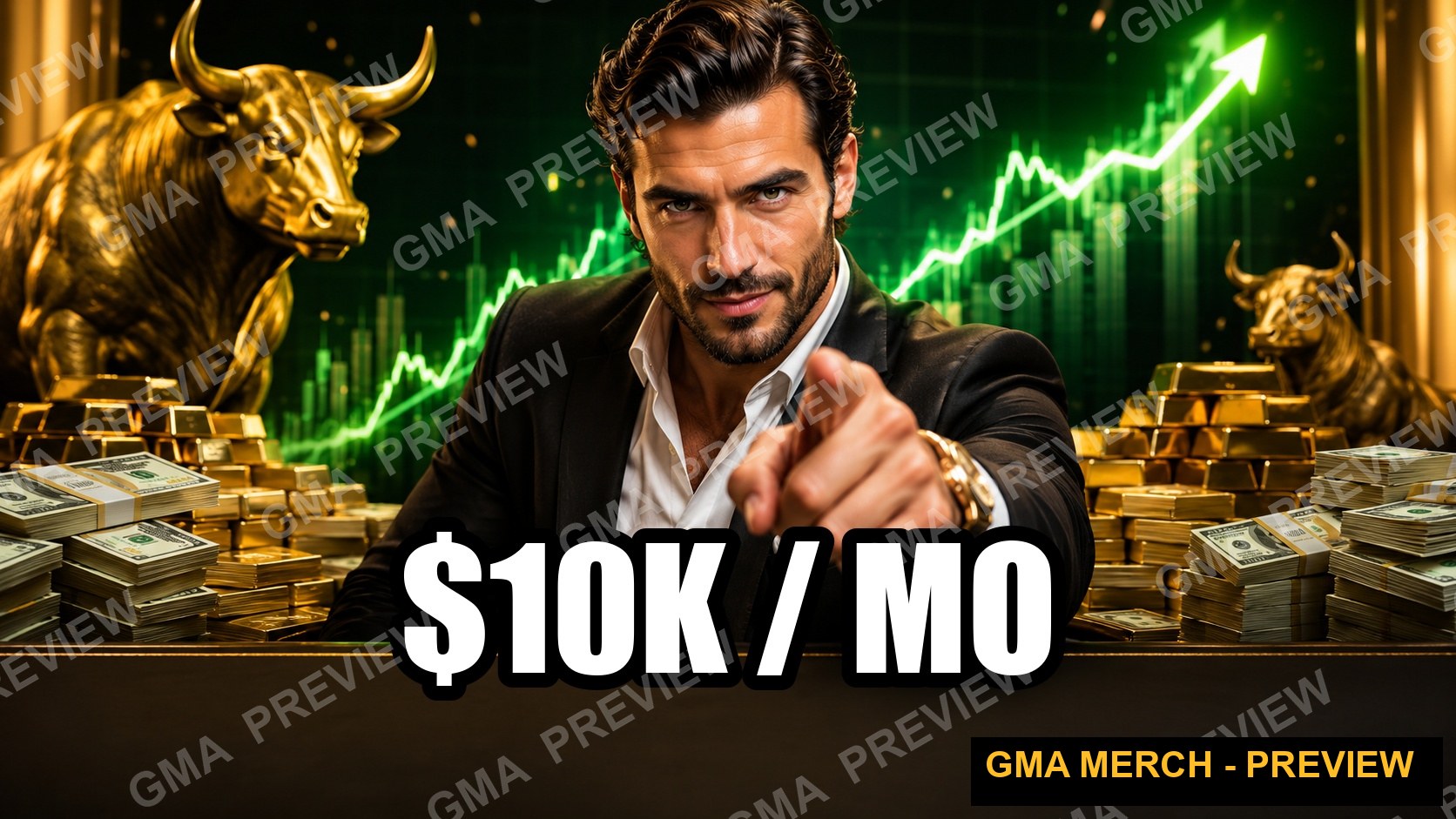 $10K / Mo finance YouTube thumbnail with cash, gold accents and a rising green chart