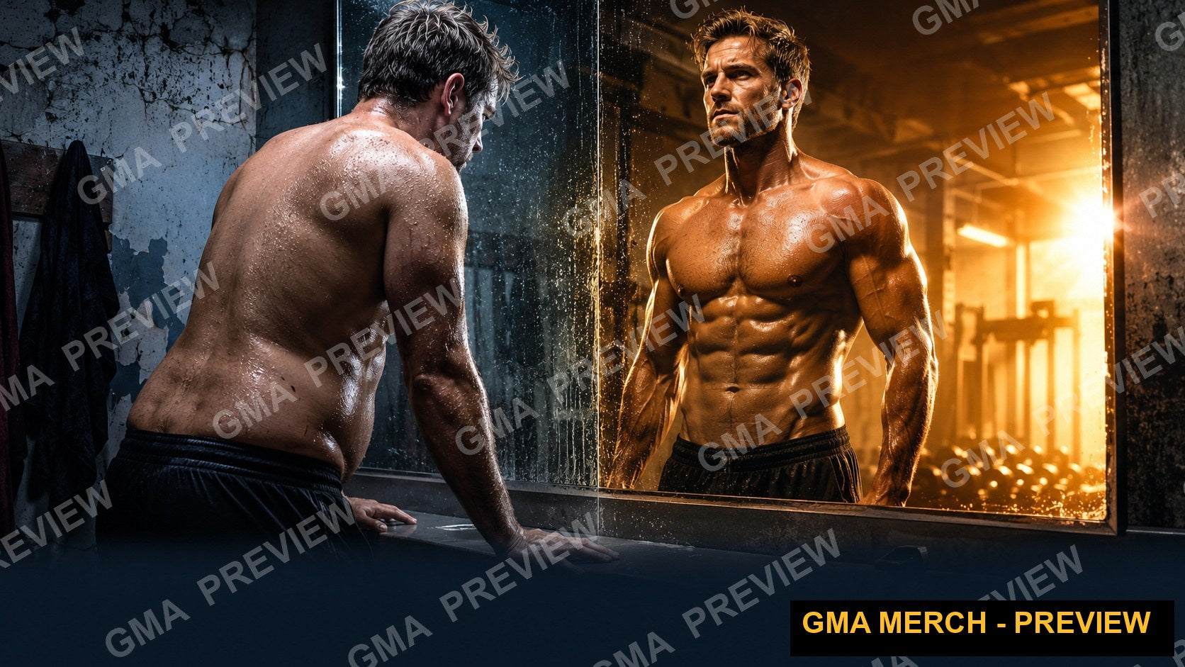 Text-free fitness YouTube thumbnail of a before and after physique transformation