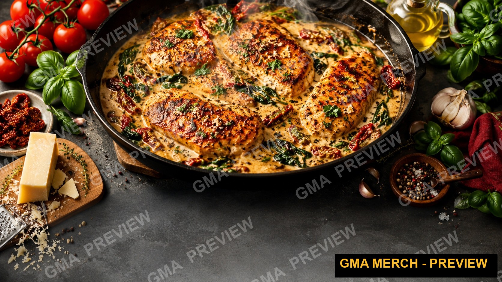 Text-free cooking YouTube thumbnail of a creamy chicken skillet with space for a headline