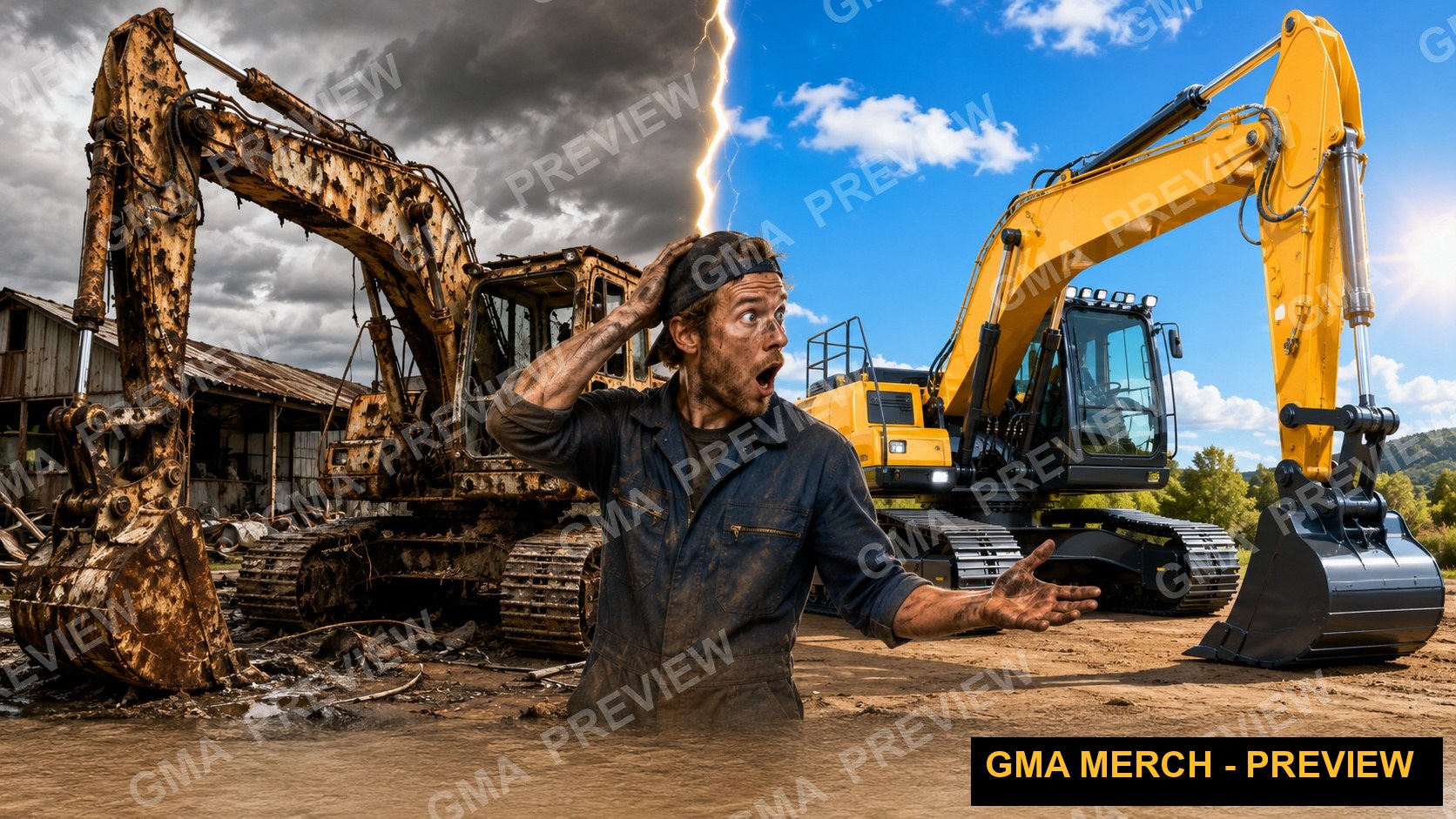 Text-free DIY trades YouTube thumbnail of a rusted versus pristine excavator on a demolition site