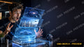Text-free tech review YouTube thumbnail of a laptop projecting a stack of floating screens