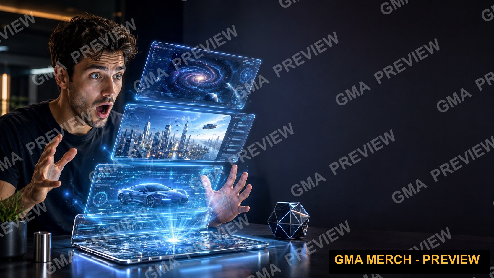 Text-free tech review YouTube thumbnail of a laptop projecting a stack of floating screens