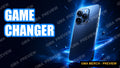 Game Changer tech YouTube thumbnail with a floating smartphone on a neon blue background