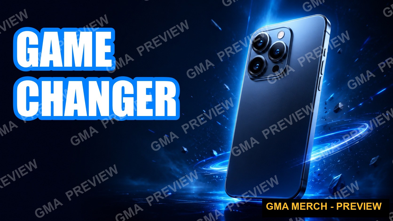 Game Changer tech YouTube thumbnail with a floating smartphone on a neon blue background