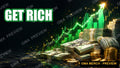 Get Rich investing YouTube thumbnail with stacks of cash and a rising green chart