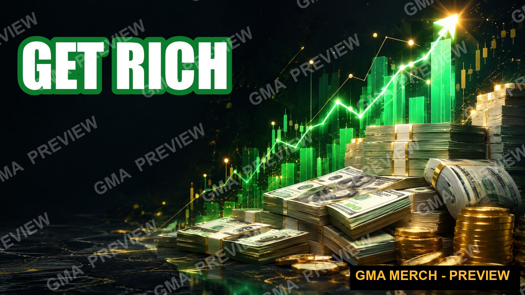 Get Rich investing YouTube thumbnail with stacks of cash and a rising green chart