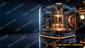 Text-free tech review YouTube thumbnail of a glowing transparent AI desk gadget with space for a headline