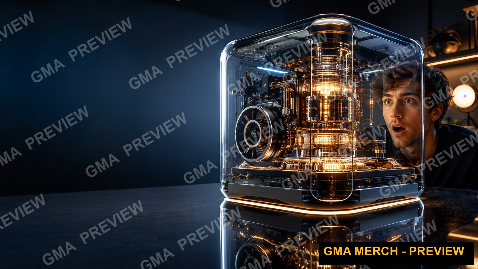 Text-free tech review YouTube thumbnail of a glowing transparent AI desk gadget with space for a headline