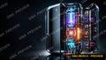 Text-free tech review YouTube thumbnail of a glowing reactor-style PC build