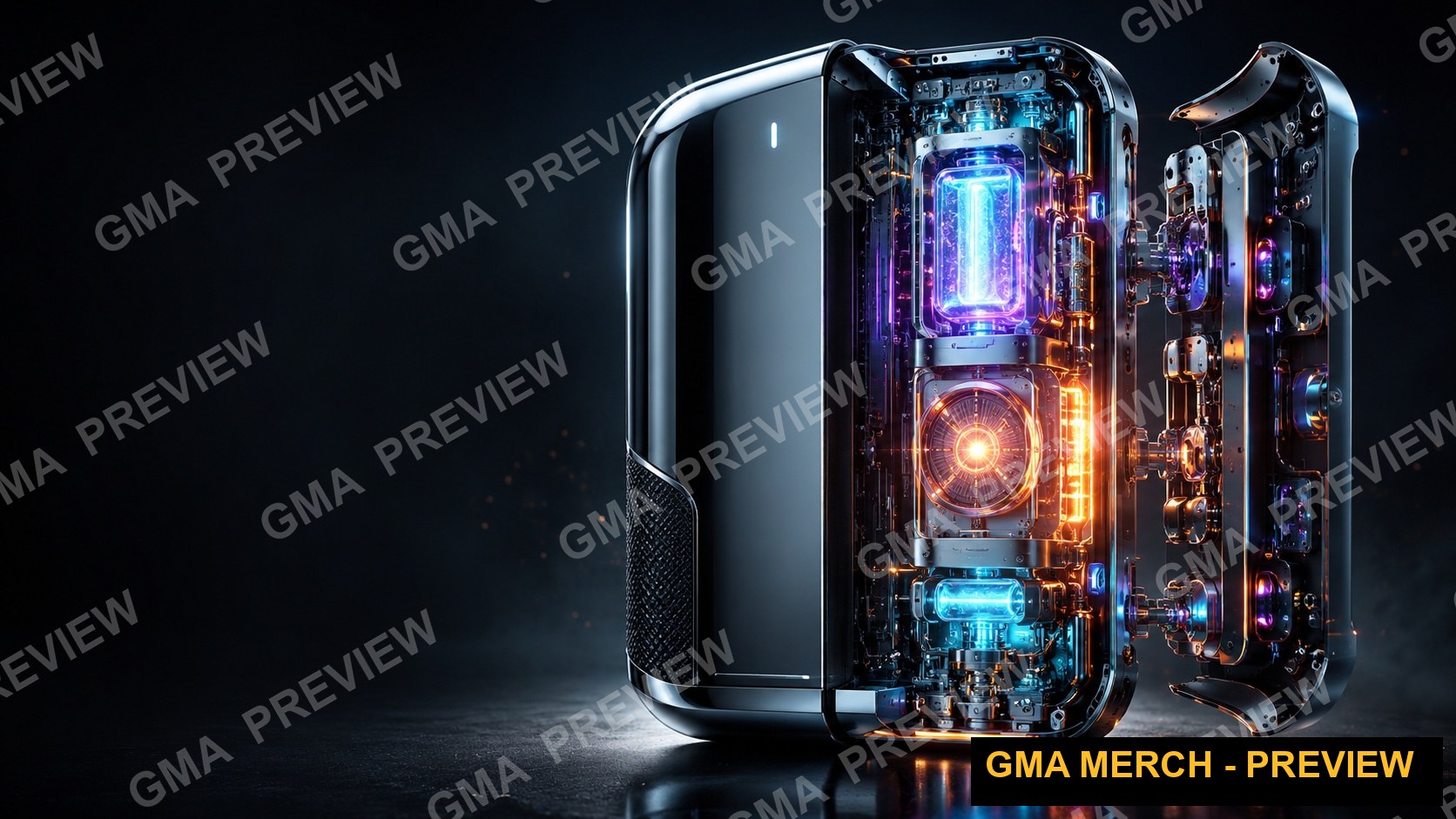 Text-free tech review YouTube thumbnail of a glowing reactor-style PC build