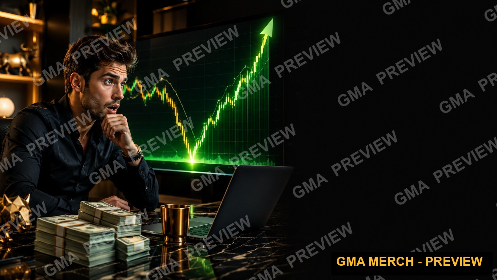 Text-free finance YouTube thumbnail of a green candle breakout on a glowing chart