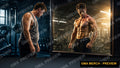 Text-free fitness YouTube thumbnail of a gym mirror transformation reflection