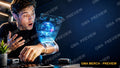 Text-free tech review YouTube thumbnail of a holographic tablet interface demo