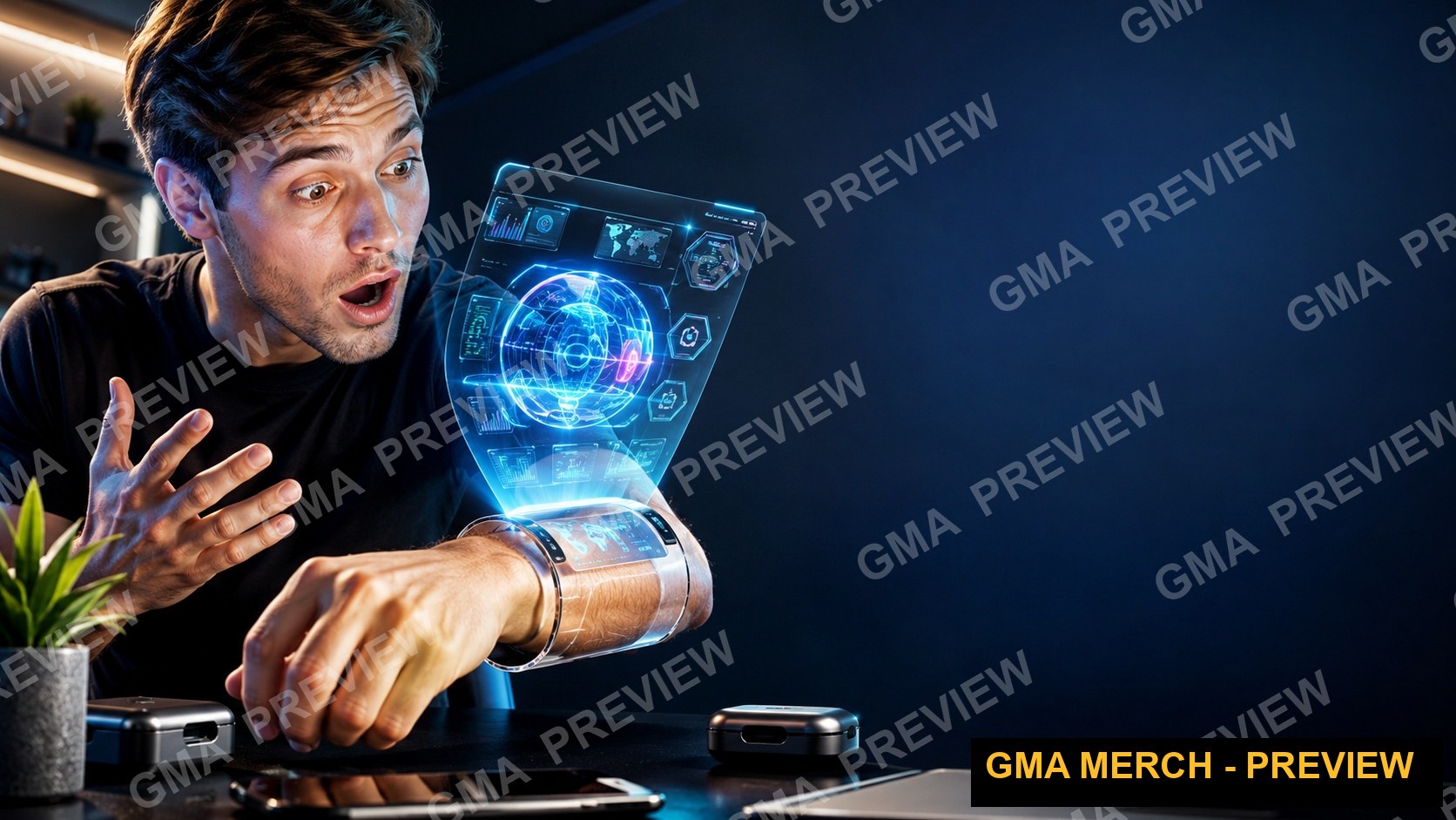 Text-free tech review YouTube thumbnail of a holographic tablet interface demo
