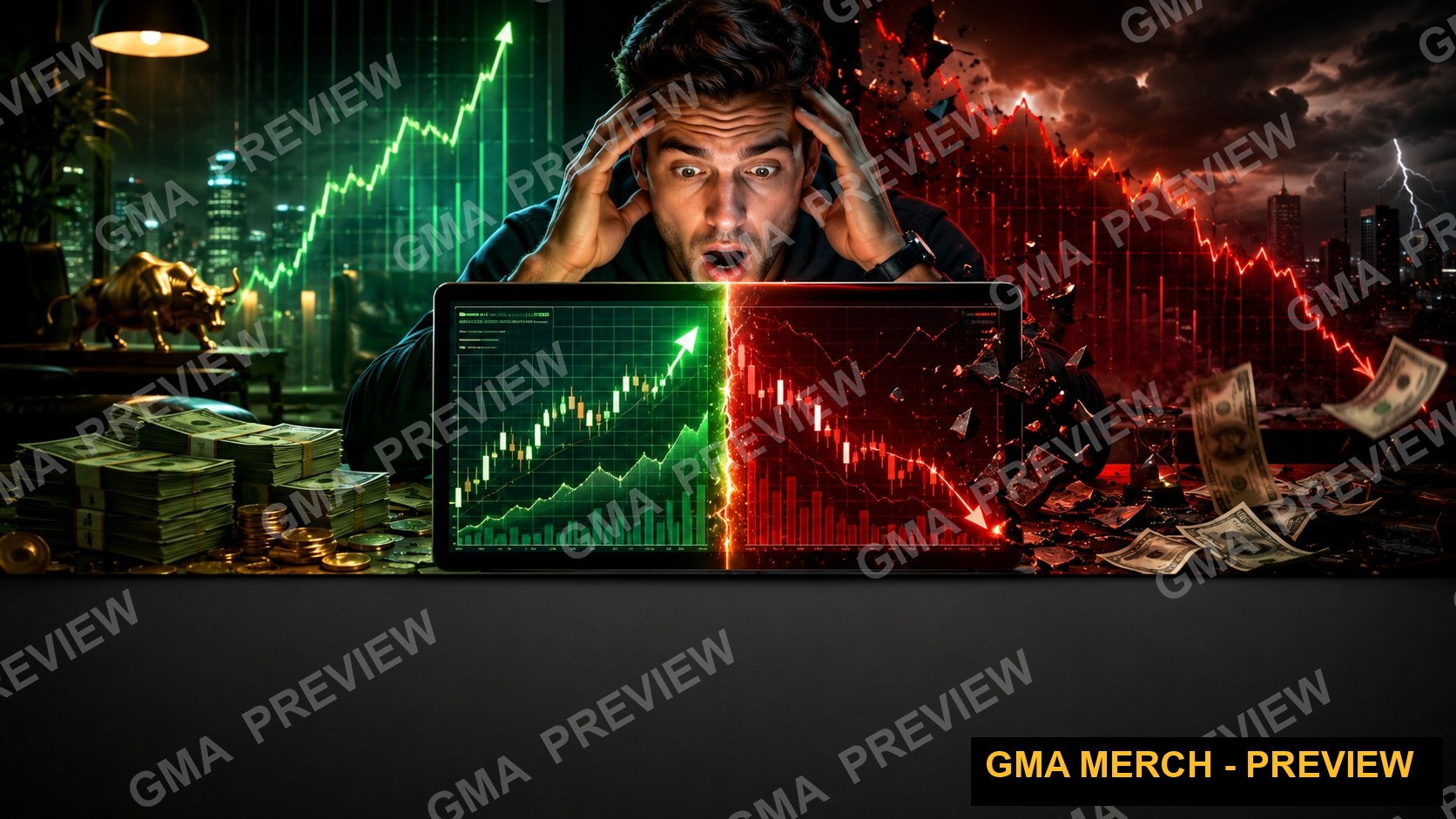 Text-free finance YouTube thumbnail of a market split into profit and crash