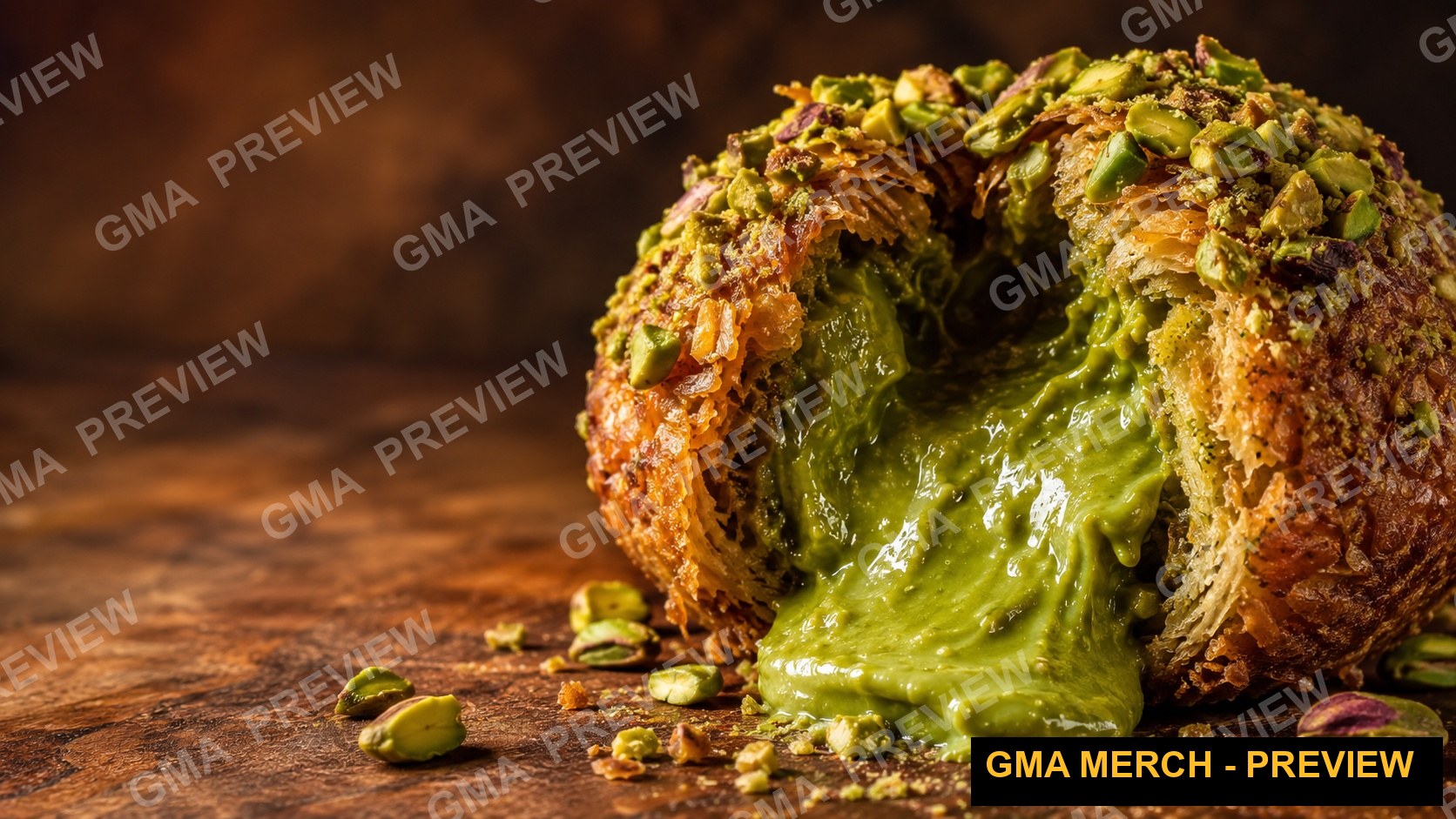 Text-free cooking YouTube thumbnail of a pistachio pastry with a molten green centre