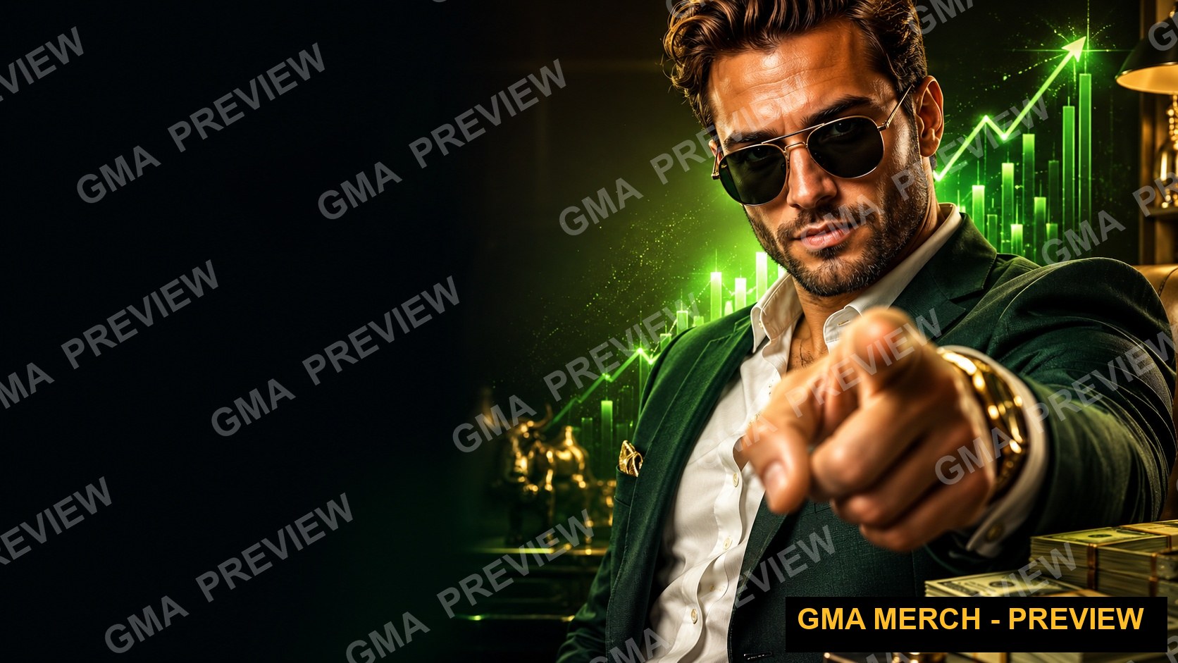 Text-free finance YouTube thumbnail of a man pointing at the viewer with cash and a green chart