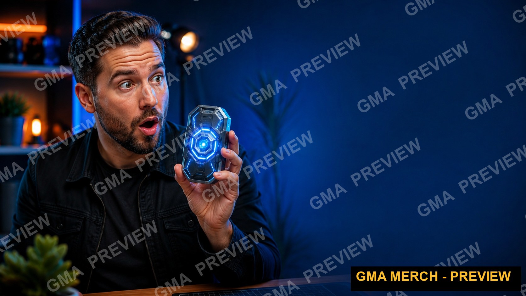 Text-free tech review YouTube thumbnail of a creator holding a glowing blue gadget