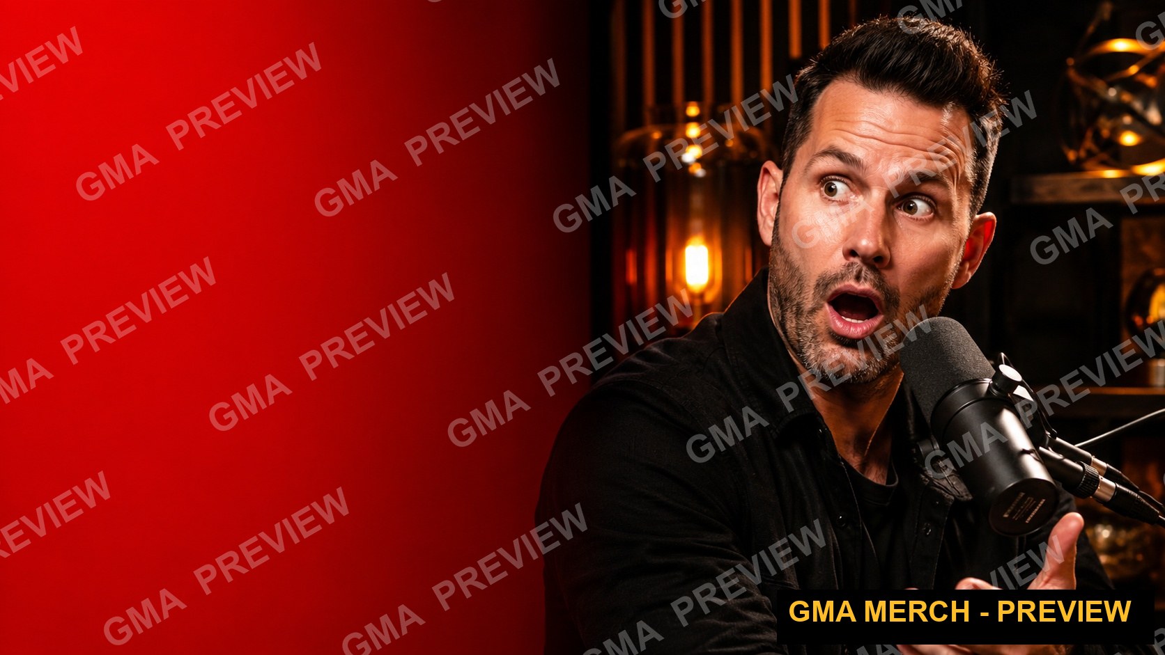 Text-free podcast YouTube thumbnail of a presenter on a bold red background with a microphone