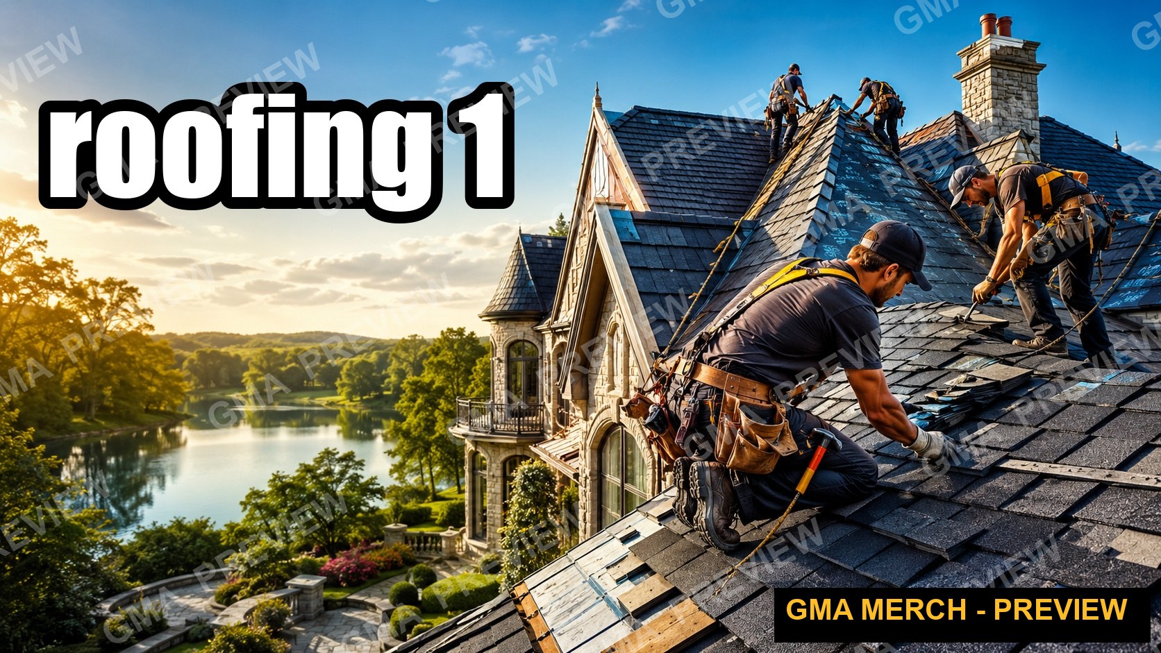 Roofing trades YouTube thumbnail of a crew working on a large house above a pond