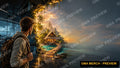 Text-free travel YouTube thumbnail of a traveler seeing a glowing tropical island, with space for a headline