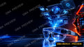 Text-free tech review YouTube thumbnail hero shot of glowing smart glasses