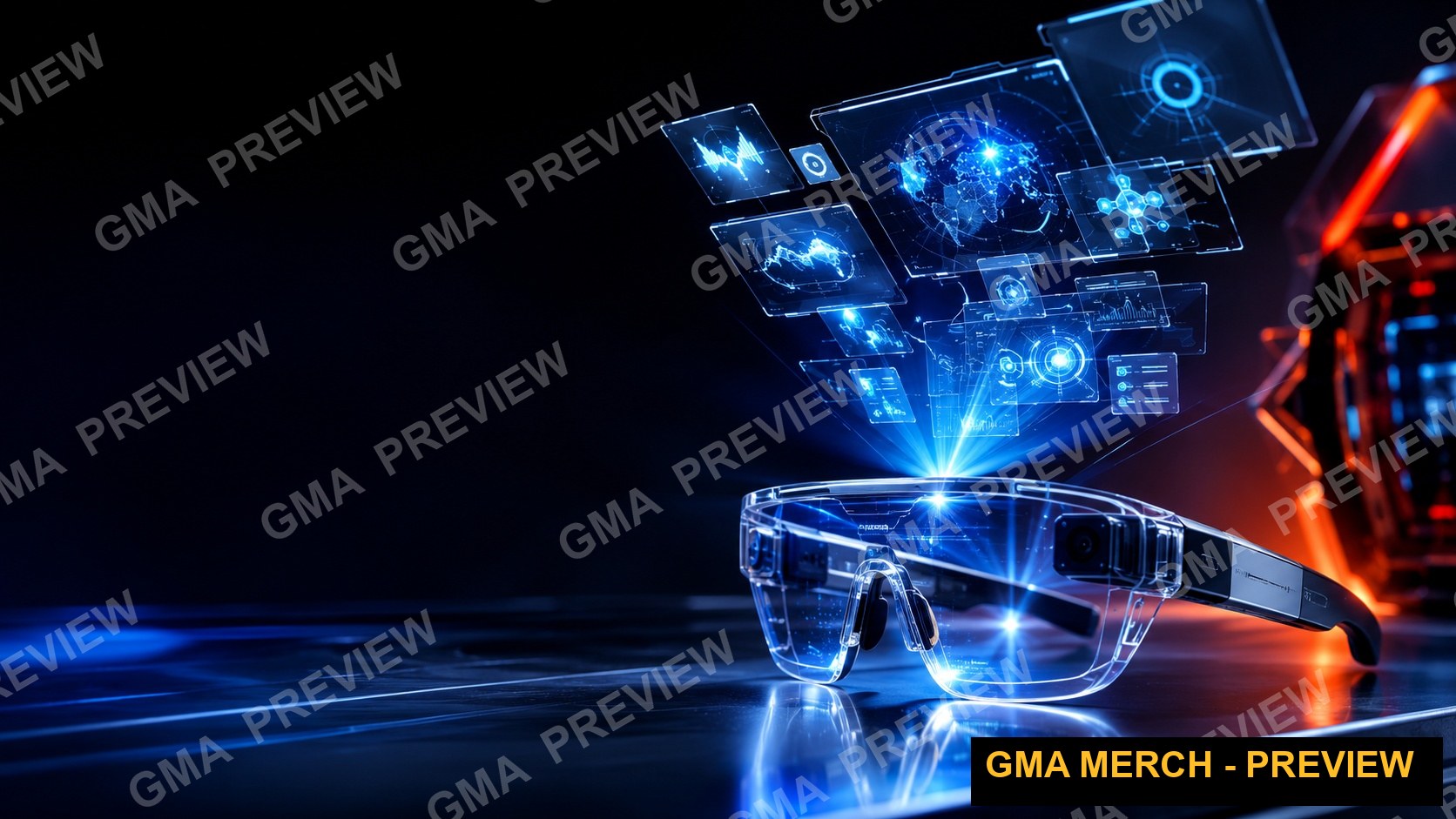 Text-free tech review YouTube thumbnail hero shot of glowing smart glasses