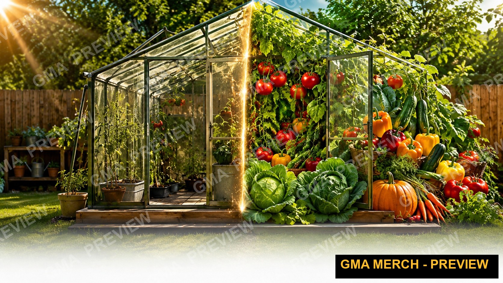 Text-free gardening YouTube thumbnail of a sunlit greenhouse overflowing with vegetables
