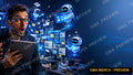 Text-free tech YouTube thumbnail of a creator surrounded by floating AI assistants