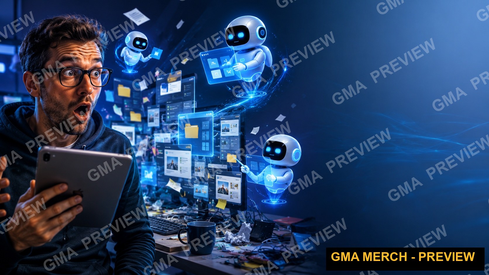 Text-free tech YouTube thumbnail of a creator surrounded by floating AI assistants