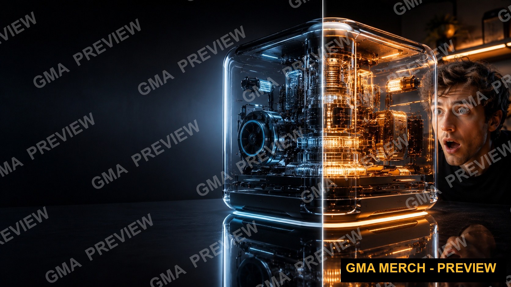 Text-free tech review YouTube thumbnail of a transparent glowing machine with space for a headline