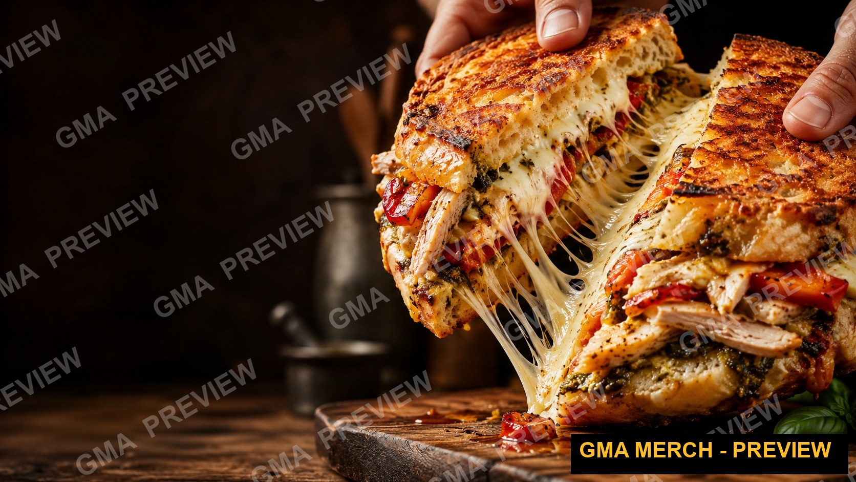 Text-free cooking YouTube thumbnail of a sandwich with a dramatic cheese pull