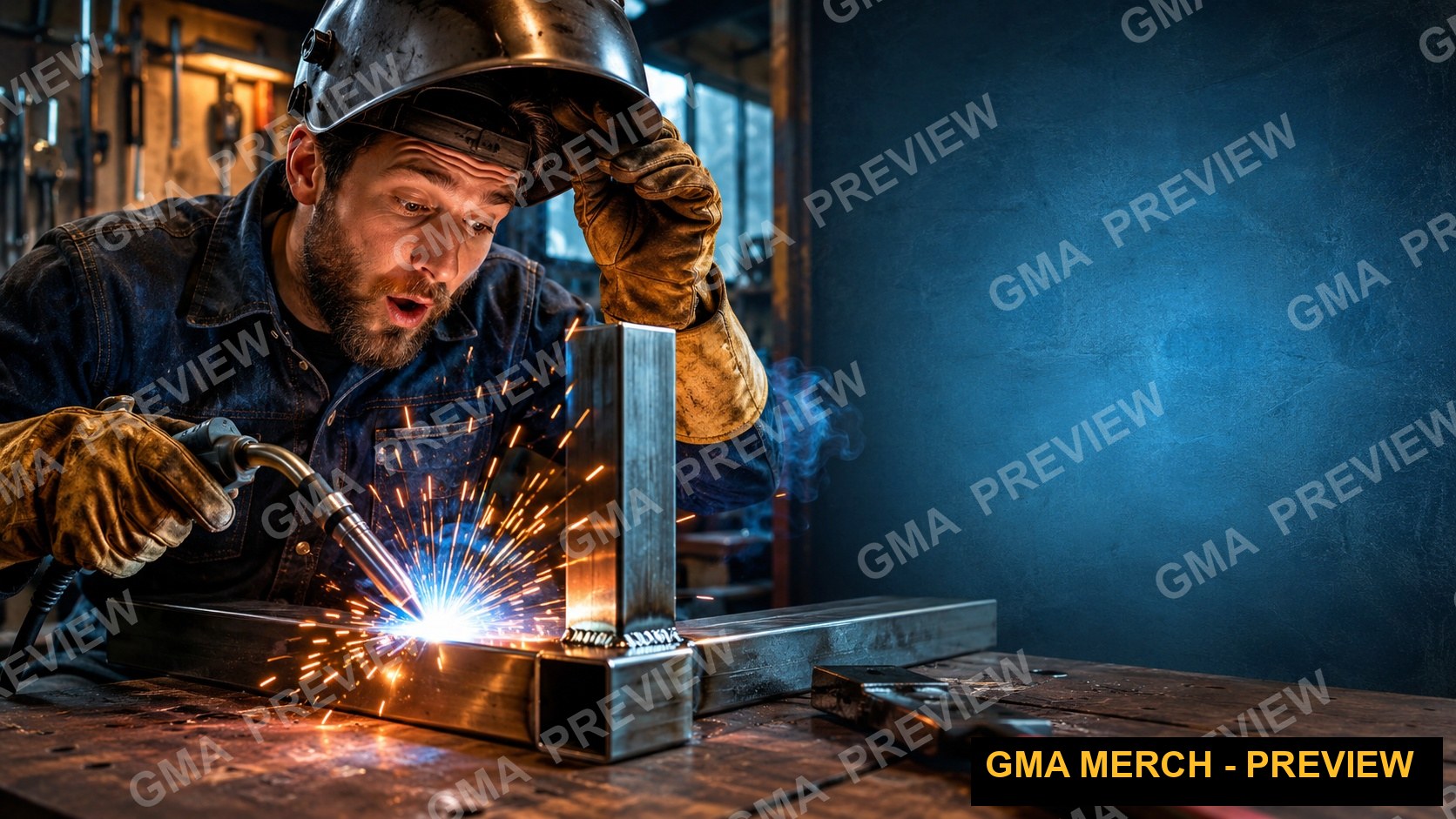 Text-free welding trades YouTube thumbnail of a welder and bright sparks