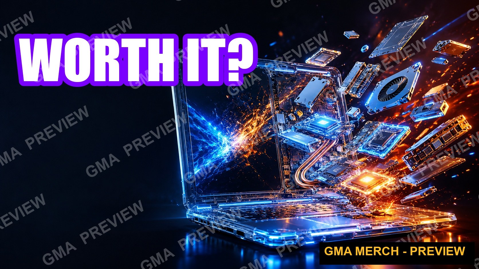Tech review YouTube thumbnail with the headline WORTH IT? over an exploding transparent laptop